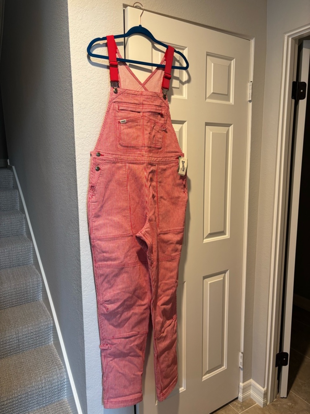 Duluth Trading Co Red and White Striped Women’s Overalls with Red Straps